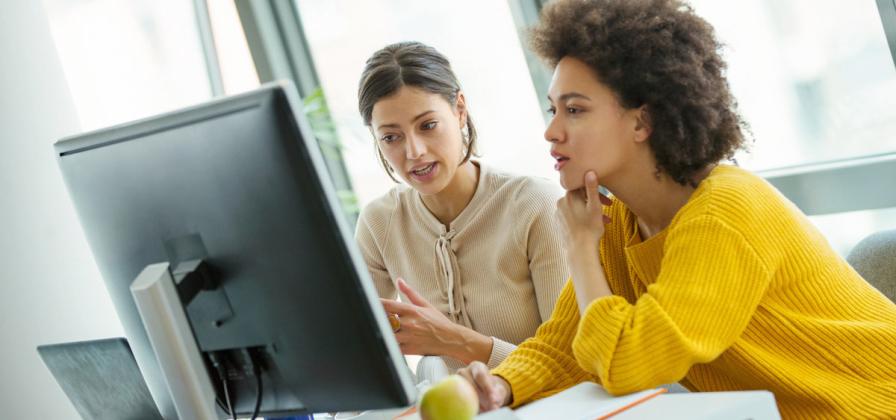 Two researchers looking at computer screen.