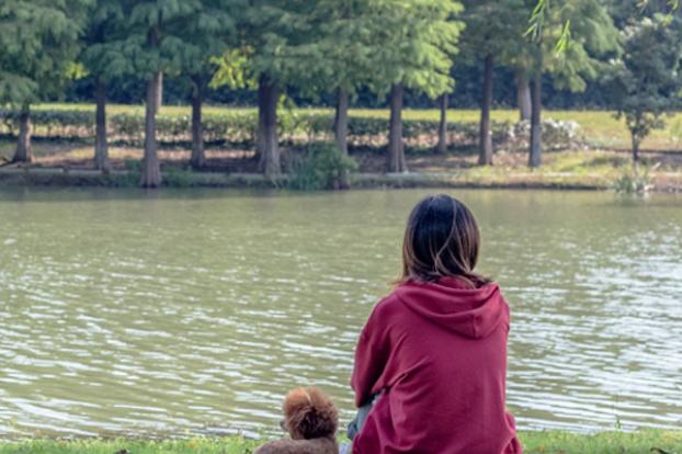 A lakeside pause with dog.